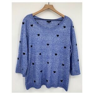Talbots Sweater Womens 1X Blue Speckled Hearts Cotton Blend Knit Lightweight